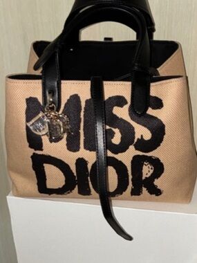 Dior Beige and Black Canvas Tote with Leather Handles